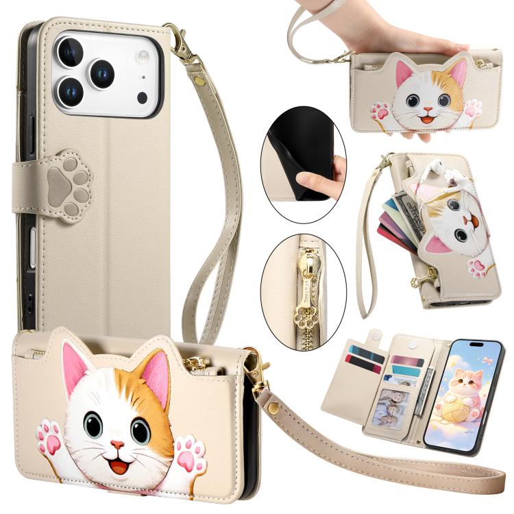 For iPhone 17 Pro Cat-shaped Zipper Wallet Vegan Leather Phone Case with Strap(Beige)