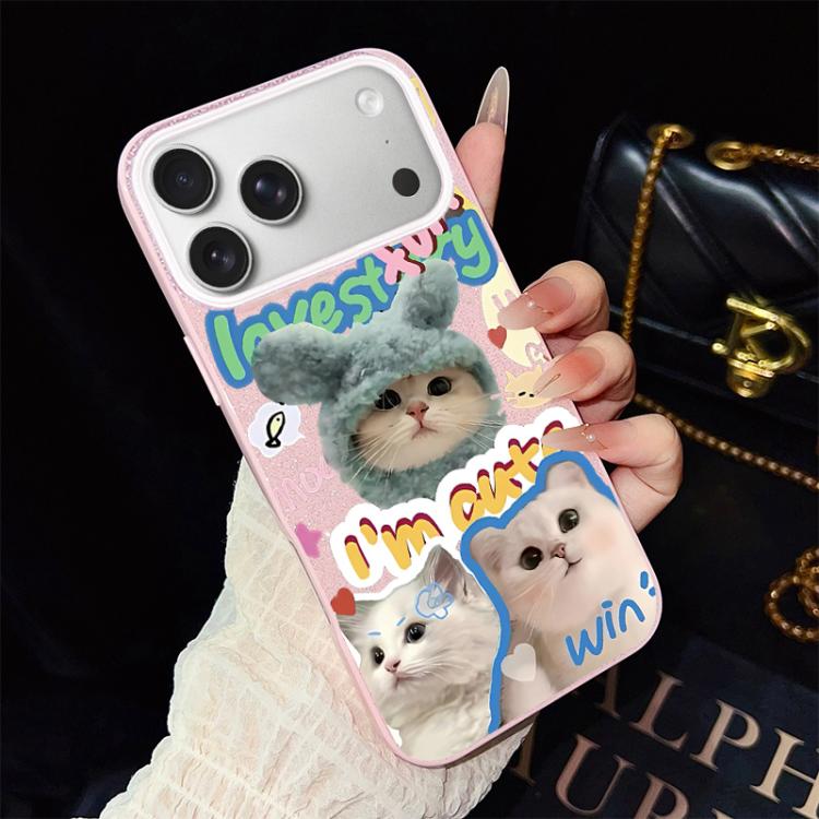 For iPhone 17 Pro Cats Pattern IMD Glitter PC Hybrid TPU Phone Case(Pink)