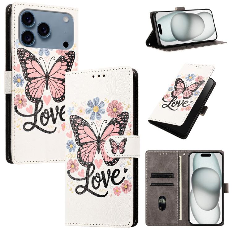 For iPhone 17 Pro CH002 Colored Drawing Buckle Clasp Vegan Leather Phone Case(Pink Butterflies)