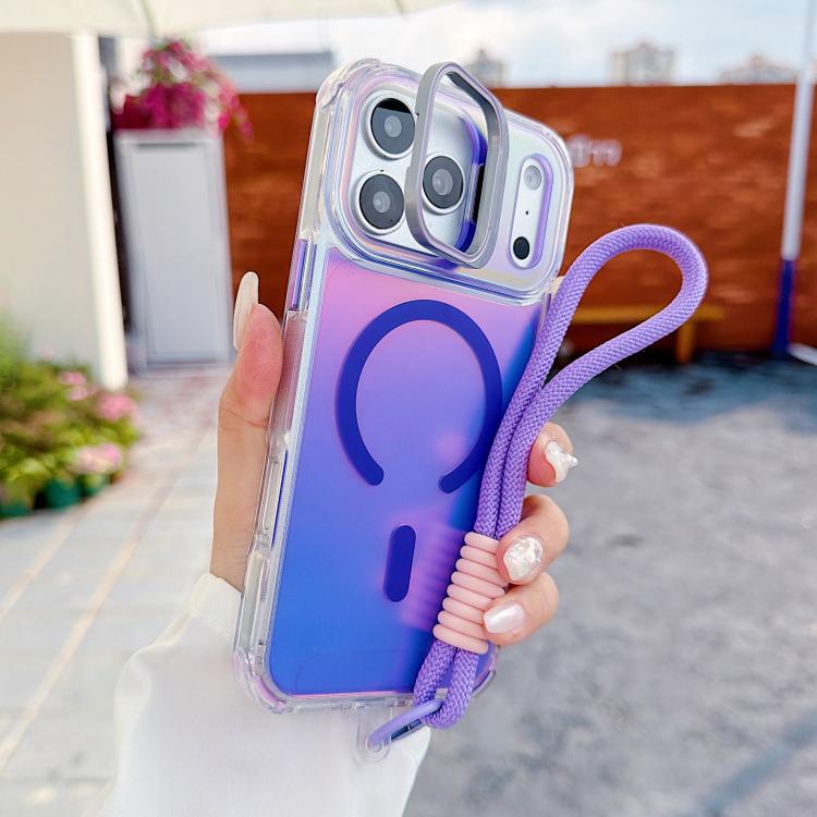For iPhone 17 Pro Chameleon Lens Kickstand Magnetic Phone Case with Wrist Strap(Purple)