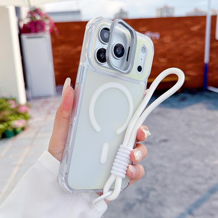 For iPhone 17 Pro Chameleon Lens Kickstand Magnetic Phone Case with Wrist Strap(White)