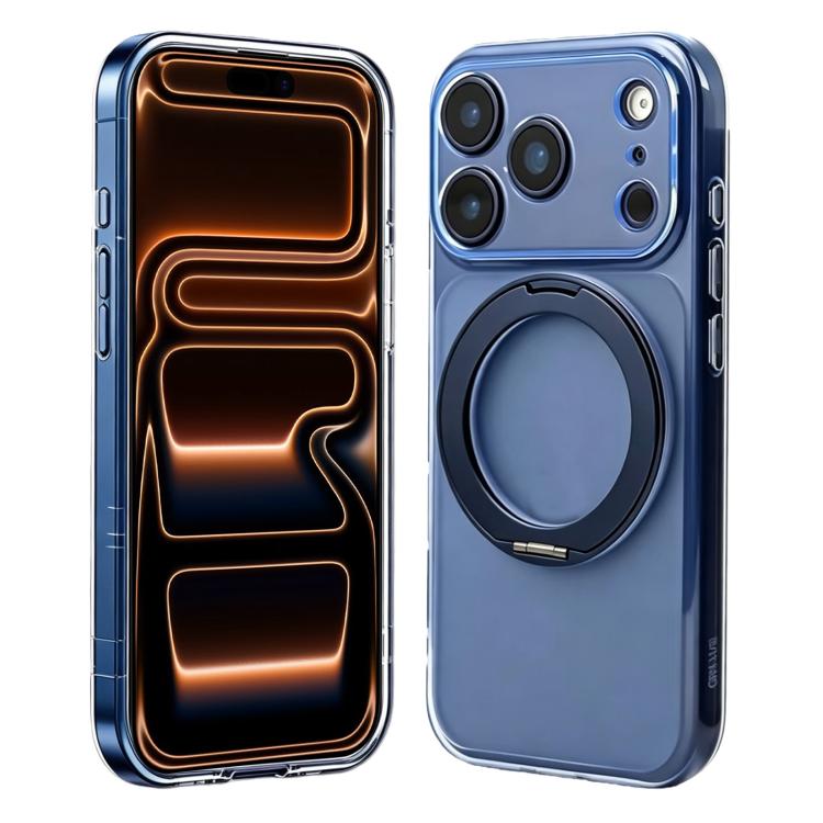 For iPhone 17 Pro Change to 17 Pro Silicone Magnetic Phone Case with 360 Degrees Rotating Holder(Blue)