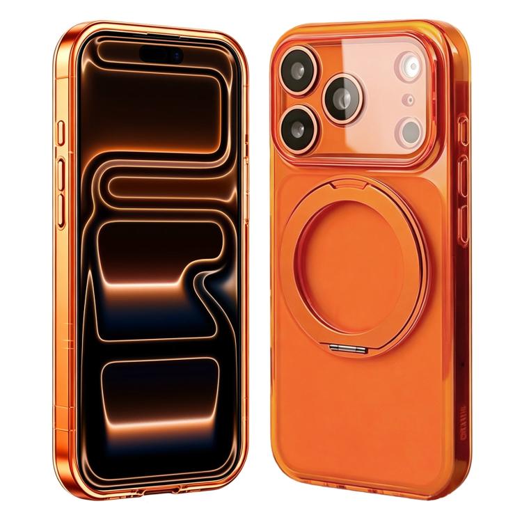 For iPhone 17 Pro Change to 17 Pro Silicone Magnetic Phone Case with 360 Degrees Rotating Holder(Orange)