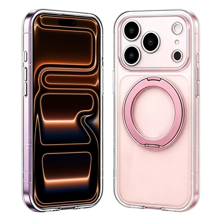 For iPhone 17 Pro Change to 17 Pro Silicone Magnetic Phone Case with 360 Degrees Rotating Holder(Pink)