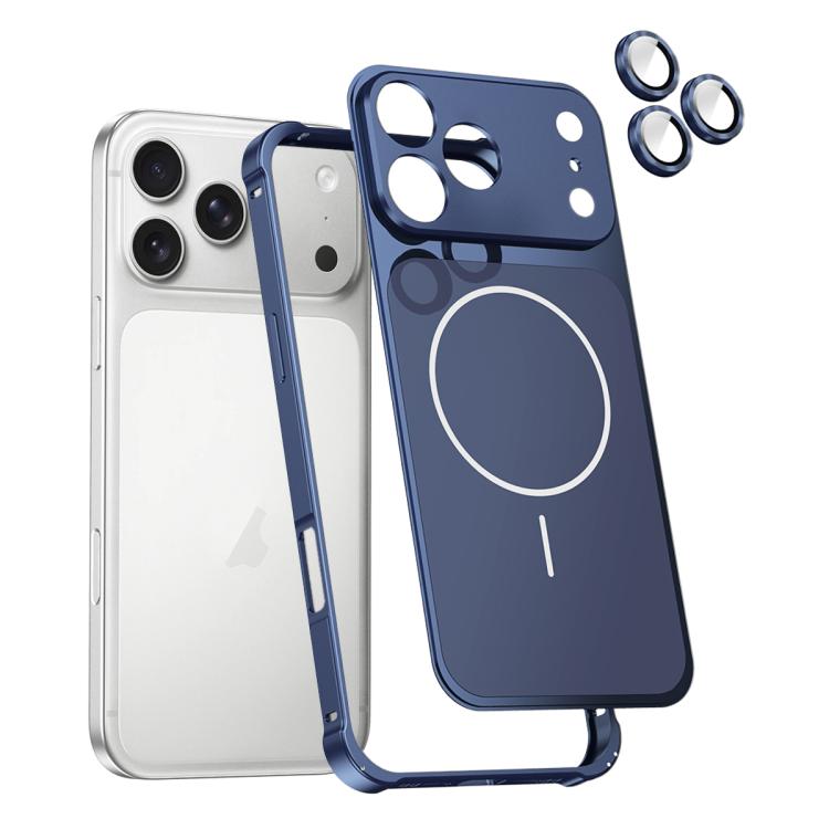 For iPhone 17 Pro Change to 17 Series X1 Metal Frame + Lens Magnetic Phone Case(Blue)