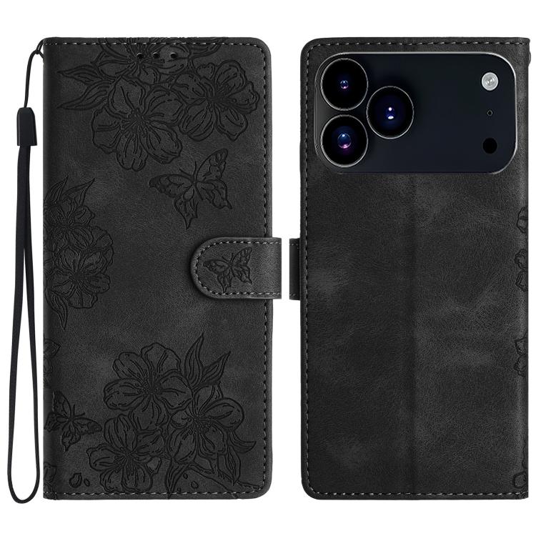For iPhone 17 Pro Cherry Blossom Butterfly Skin Feel Embossed PU Phone Case(Black)