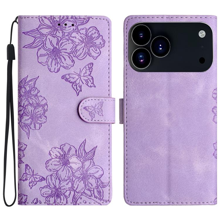 For iPhone 17 Pro Cherry Blossom Butterfly Skin Feel Embossed PU Phone Case(Purple)