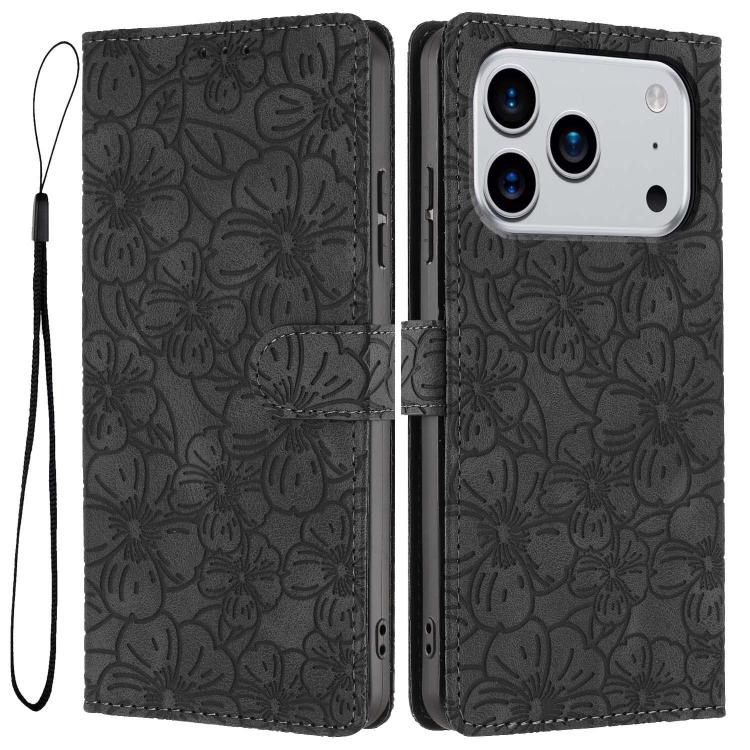 For iPhone 17 Pro Cherry Blossoms Embossed Leather Phone Case(Black)