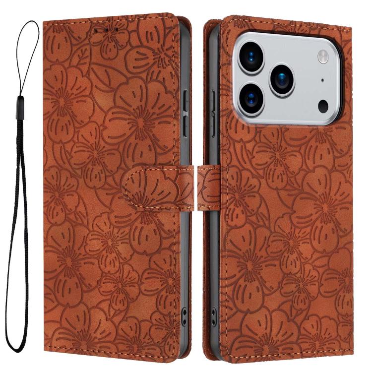 For iPhone 17 Pro Cherry Blossoms Embossed Leather Phone Case(Brown)