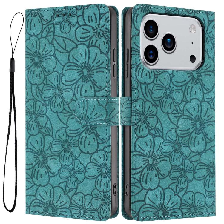 For iPhone 17 Pro Cherry Blossoms Embossed Leather Phone Case(Green)