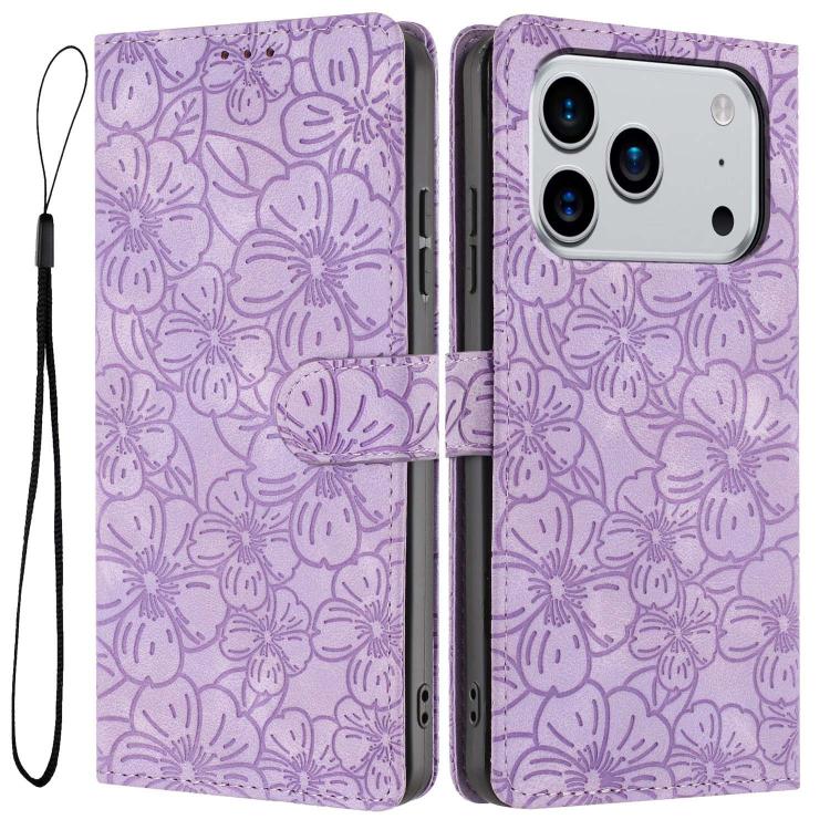 For iPhone 17 Pro Cherry Blossoms Embossed Leather Phone Case(Purple)