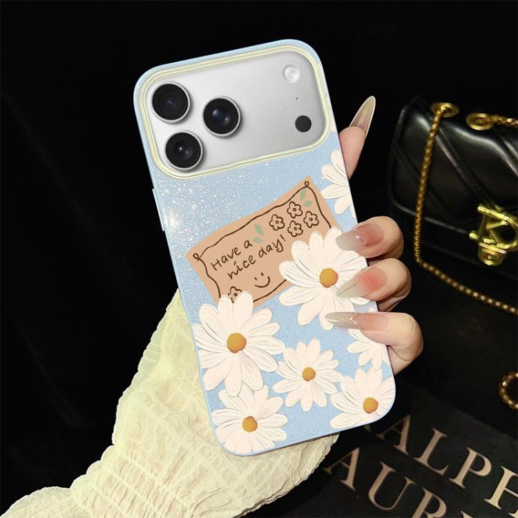 For iPhone 17 Pro Chrysanthemum Pattern IMD Glitter PC Hybrid TPU Phone Case(Blue)