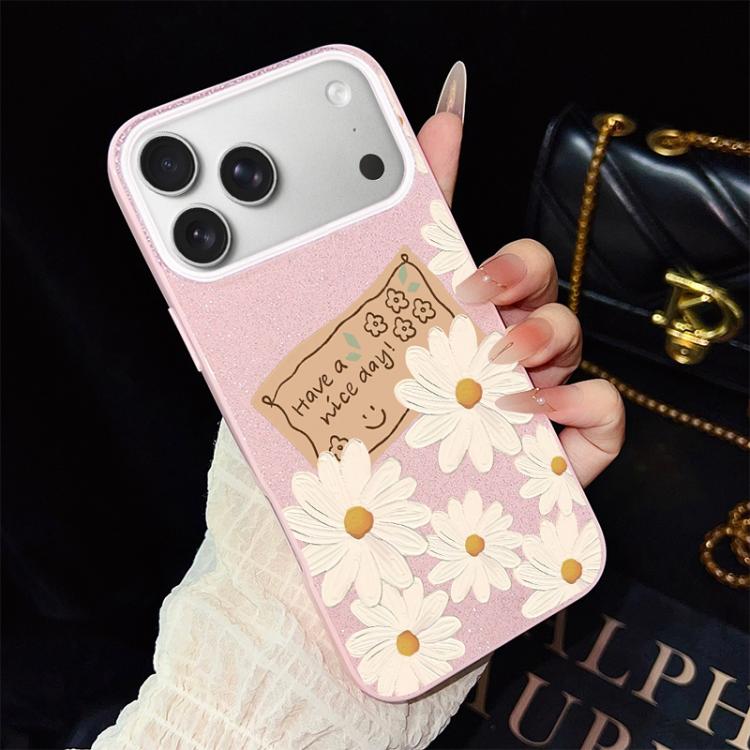 For iPhone 17 Pro Chrysanthemum Pattern IMD Glitter PC Hybrid TPU Phone Case(Pink)