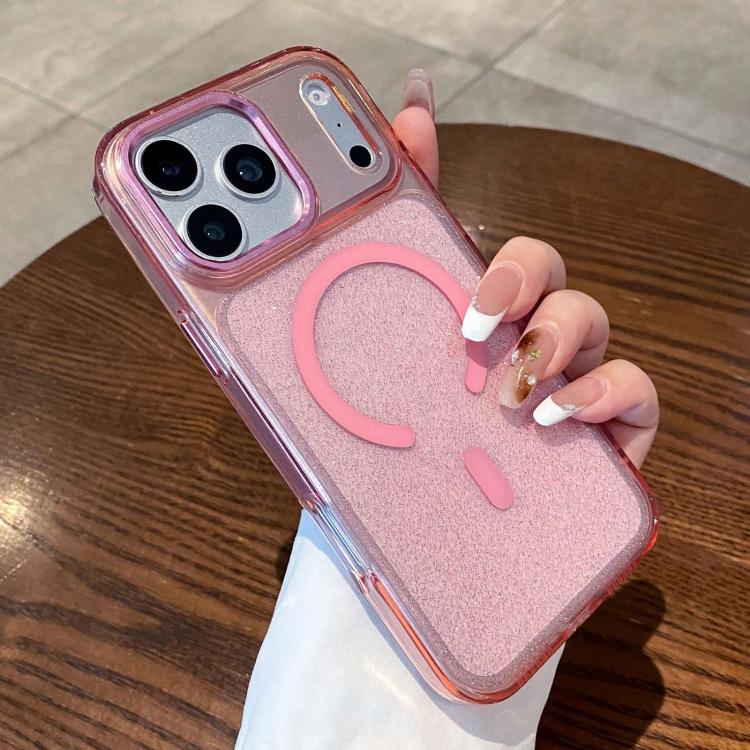 For iPhone 17 Pro Clear Glitter Magnetic Shockproof Phone Case(Pink)