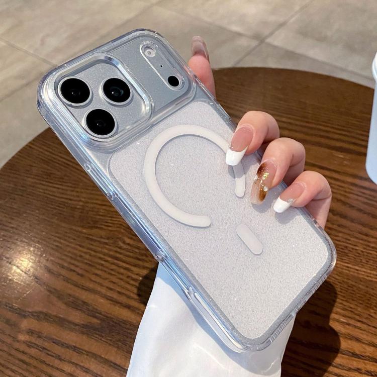 For iPhone 17 Pro Clear Glitter Magnetic Shockproof Phone Case(White)