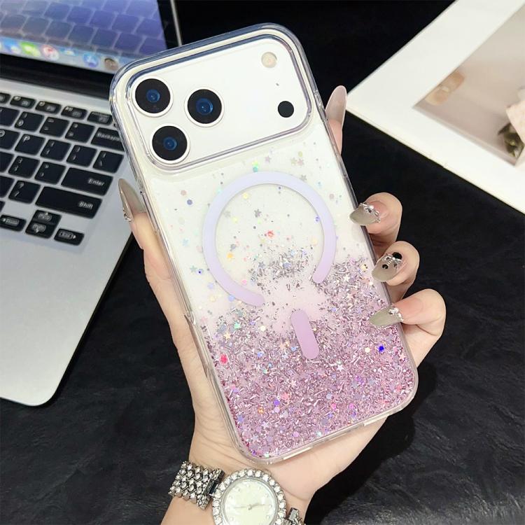 For iPhone 17 Pro Clear Glitter TPU Magnetic Phone Case(Pink Rhinestone)