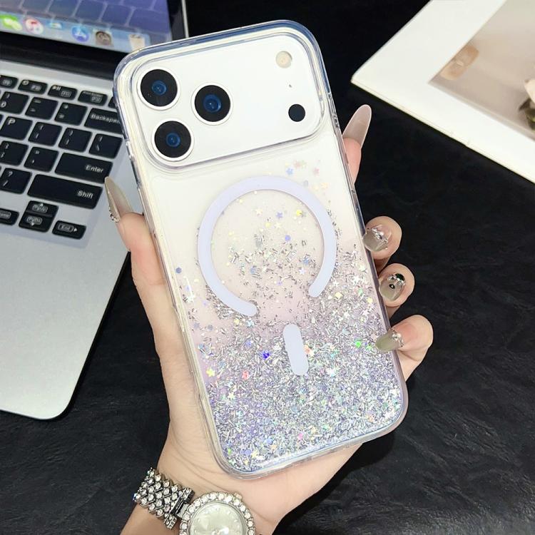 For iPhone 17 Pro Clear Glitter TPU Magnetic Phone Case(Purple Rhinestone)