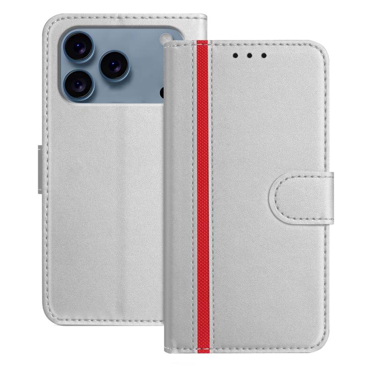 For iPhone 17 Pro Color Block Card Slots Vegan Leather Phone Case(Silver)