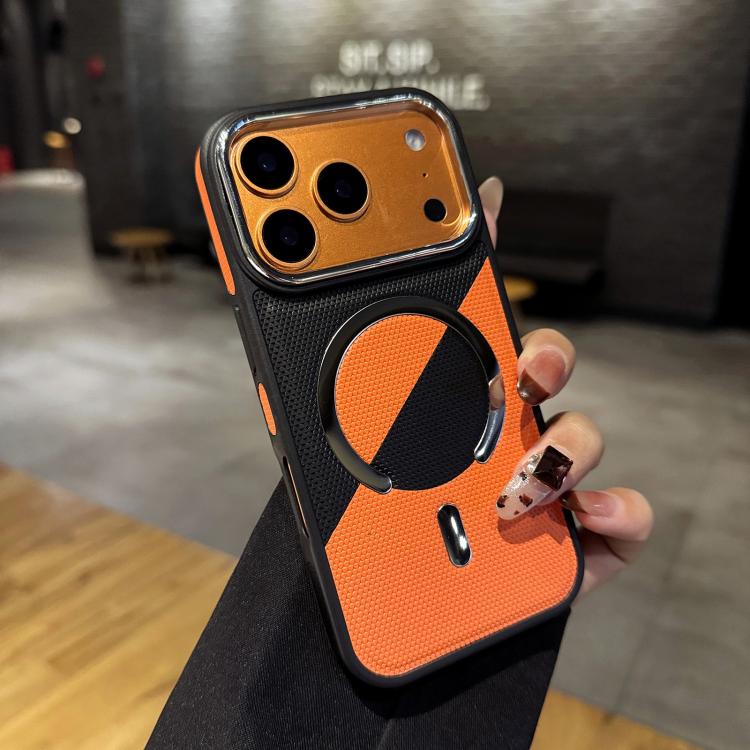For iPhone 17 Pro Color Blocking Leather Texture Shockproof Magnetic Phone Case(Black Orange)