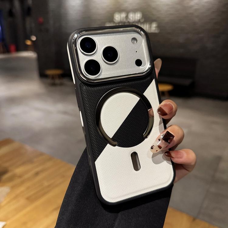 For iPhone 17 Pro Color Blocking Leather Texture Shockproof Magnetic Phone Case(Black White)