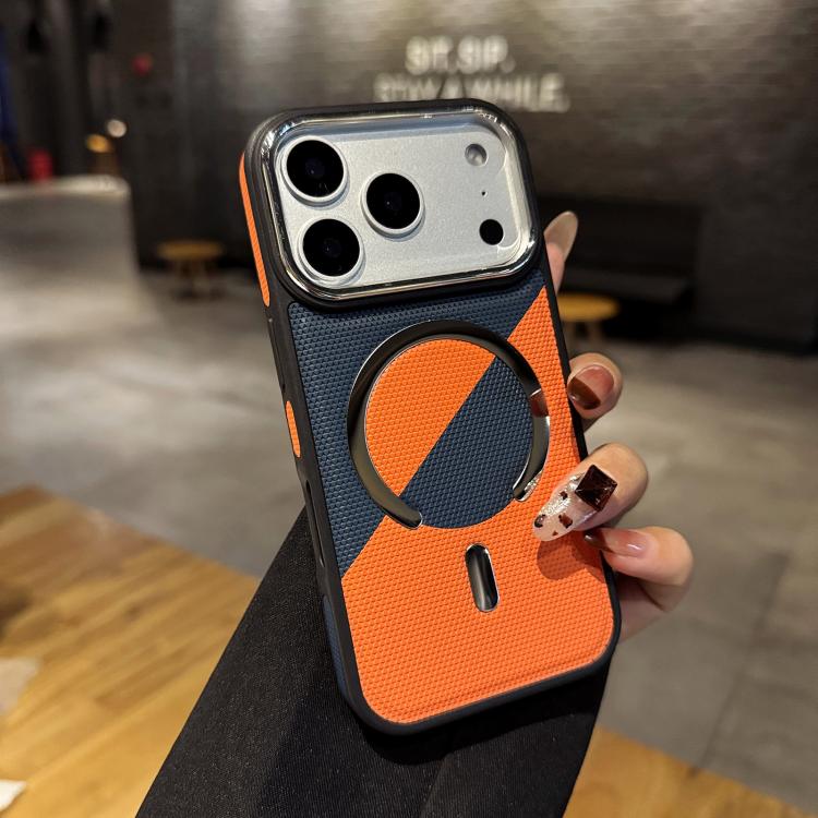 For iPhone 17 Pro Color Blocking Leather Texture Shockproof Magnetic Phone Case(Blue Orange)