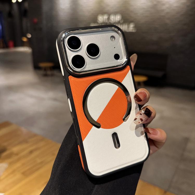For iPhone 17 Pro Color Blocking Leather Texture Shockproof Magnetic Phone Case(Orange White)