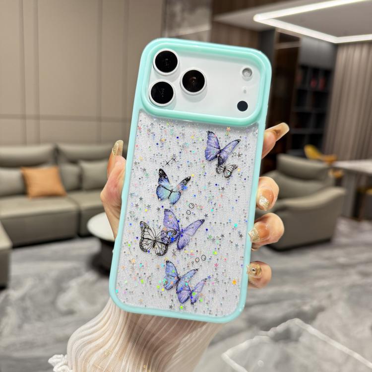 For iPhone 17 Pro Color Butterfly Glitter Epoxy TPU Phone Case(Green)