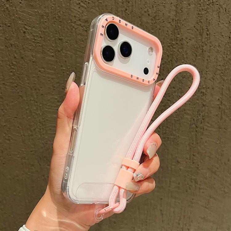 For iPhone 17 Pro Color Contrast Lens Frame Transparent TPU Phone Case with Lanyard(Transparent+Light Pink)