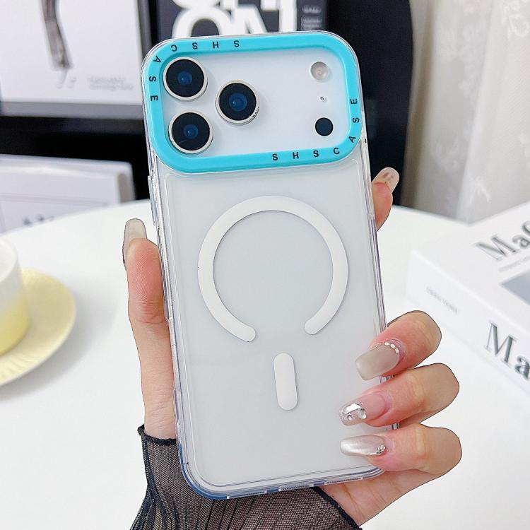 For iPhone 17 Pro Color Contrast Lens Frame Transparent TPU Phone Case(Blue)