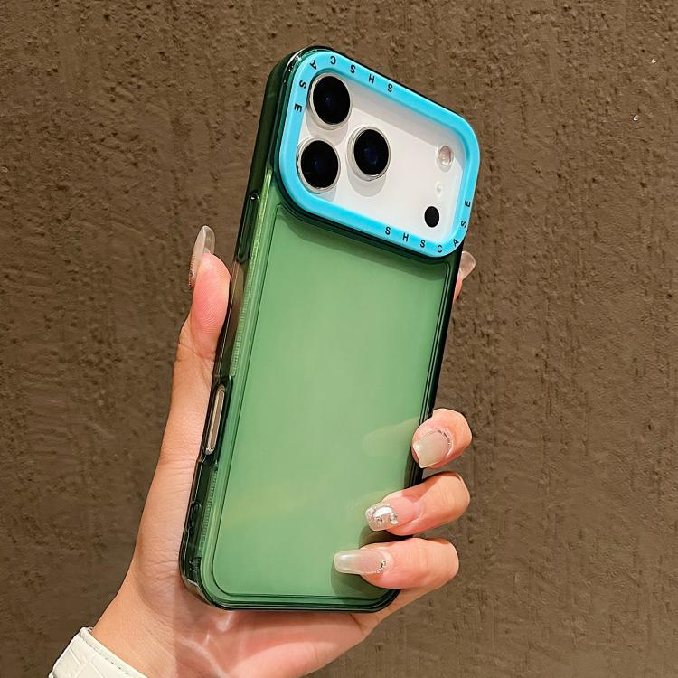 For iPhone 17 Pro Color Contrast Lens Frame Transparent TPU Phone Case(Green+Sky Blue)