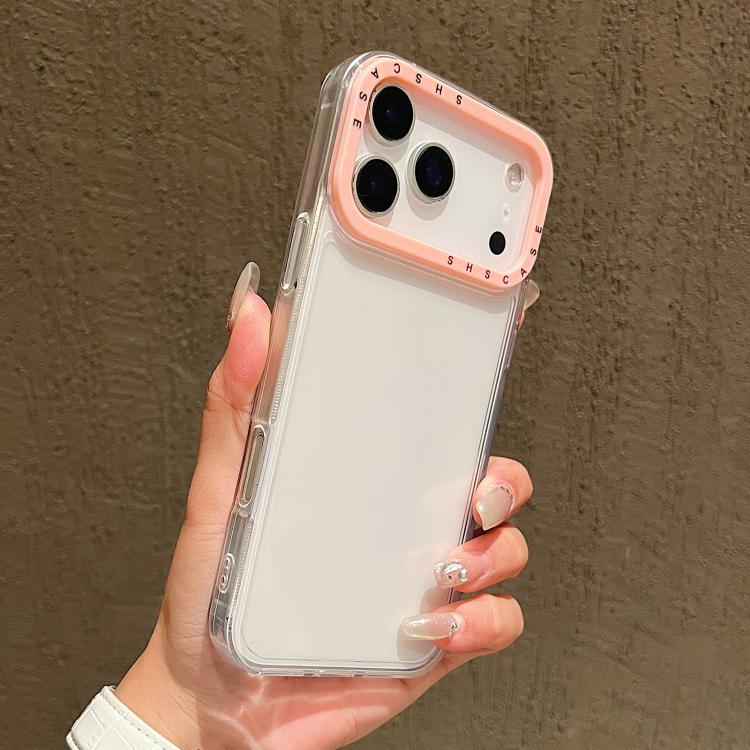 For iPhone 17 Pro Color Contrast Lens Frame Transparent TPU Phone Case(Transparent+Light Pink)