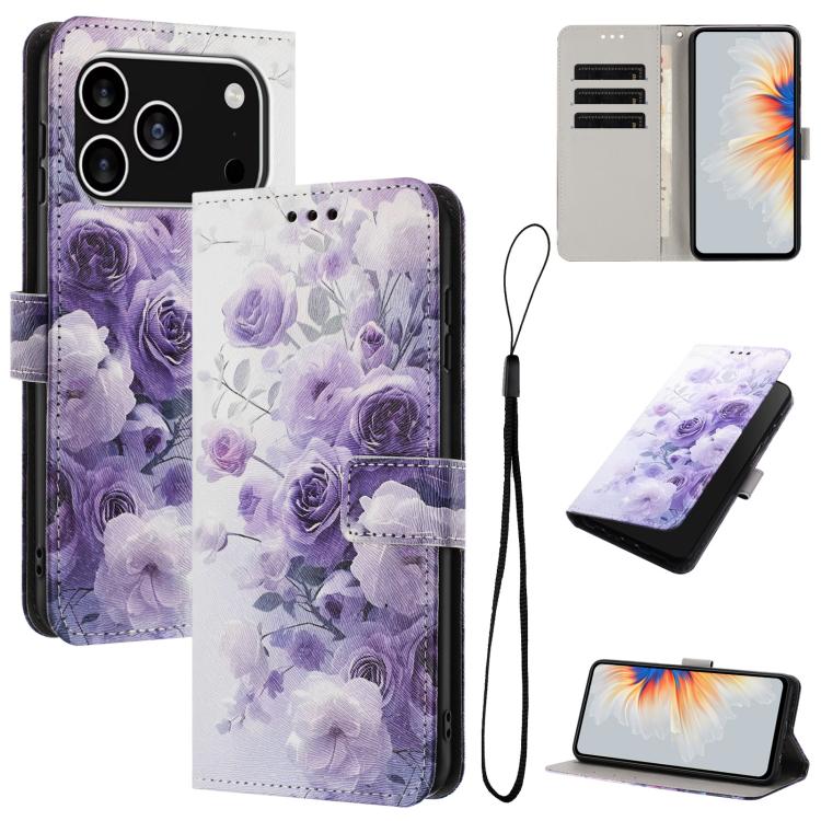 For iPhone 17 Pro Color Drawing Pattern Leather Phone Case(Purple Rose)