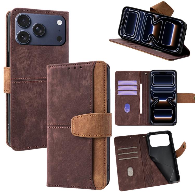 For iPhone 17 Pro Color Stitching Skin Feel Leather RFID Blocking Phone Case(Brown)