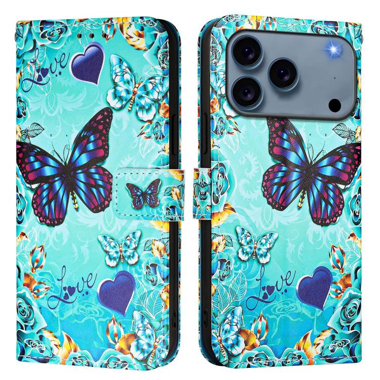 For iPhone 17 Pro Colored Drawing Pattern Plain Weave Leather Phone Case(Caring Butterfly)