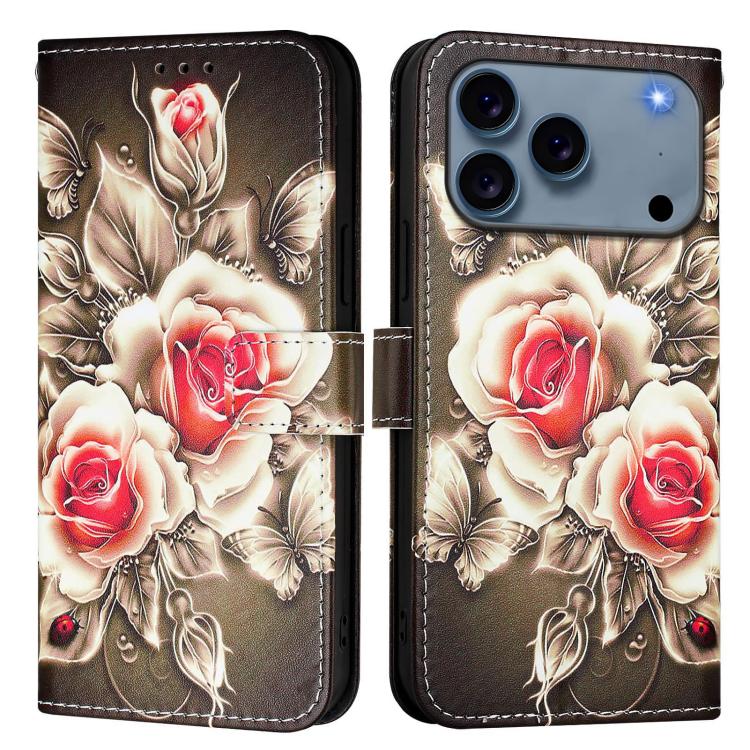For iPhone 17 Pro Colored Drawing Pattern Plain Weave Leather Phone Case(Roses On Black)