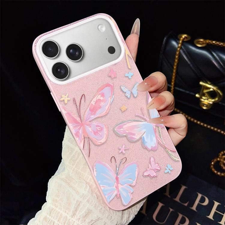 For iPhone 17 Pro Colorful Butterflies Pattern IMD Glitter PC Hybrid TPU Phone Case(Pink)