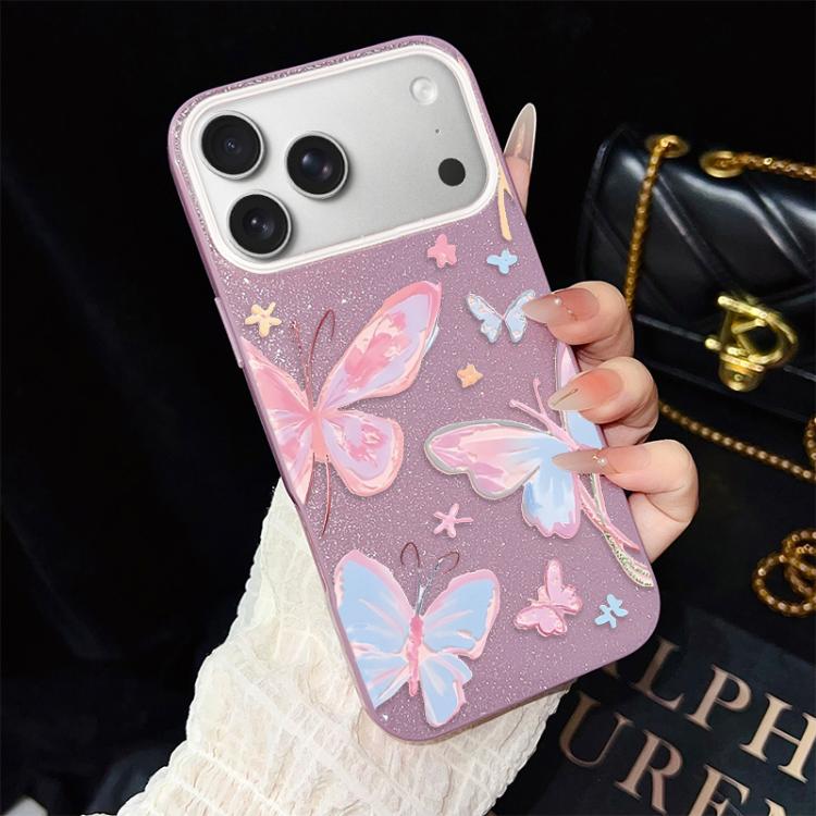 For iPhone 17 Pro Colorful Butterflies Pattern IMD Glitter PC Hybrid TPU Phone Case(Purple)