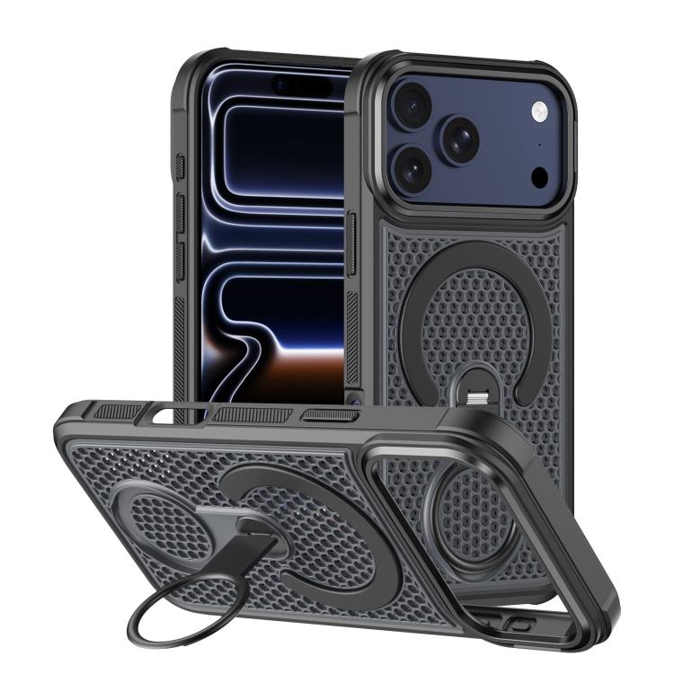 For iPhone 17 Pro Colorful Hollowed Cooling 360 Degree Rotation Ring Holder Magnetic Phone Case(Black)