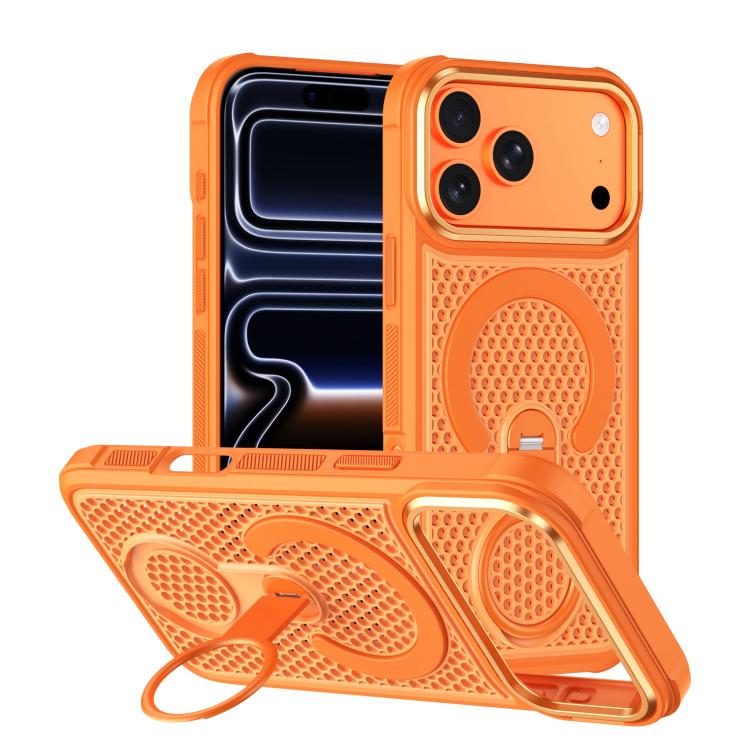 For iPhone 17 Pro Colorful Hollowed Cooling 360 Degree Rotation Ring Holder Magnetic Phone Case(Orange)
