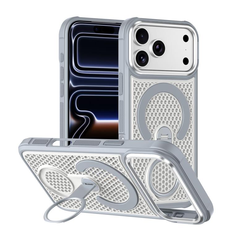 For iPhone 17 Pro Colorful Hollowed Cooling 360 Degree Rotation Ring Holder Magnetic Phone Case(White)