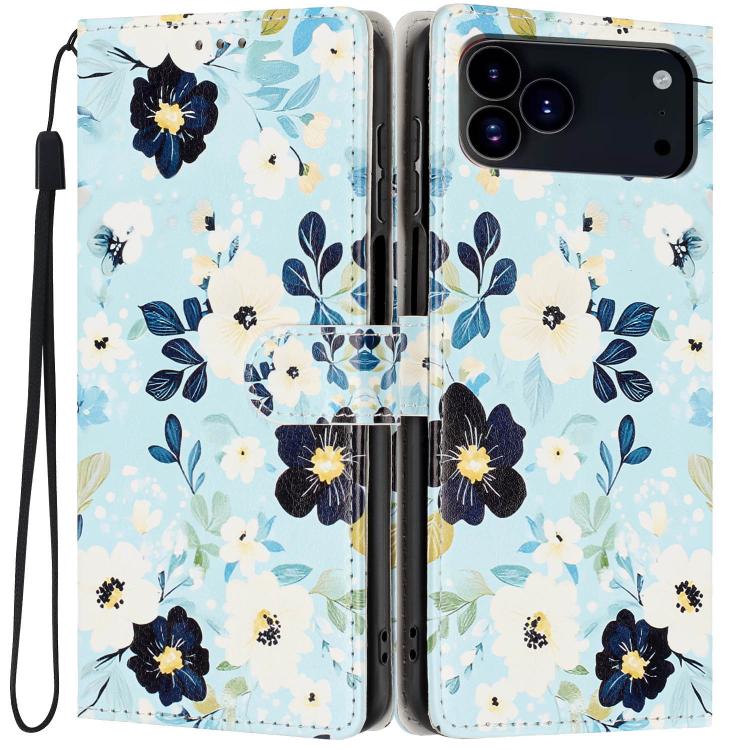 For iPhone 17 Pro Colorful Painting Vegan Leather Phone Case with Lanyard(Blue Background Flower)
