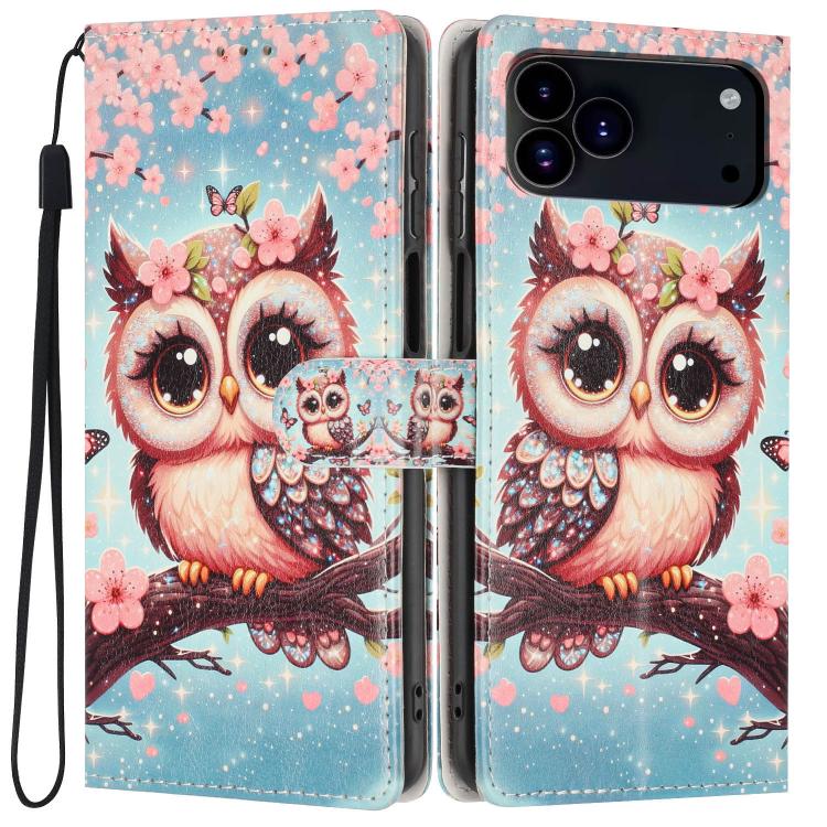 For iPhone 17 Pro Colorful Painting Vegan Leather Phone Case with Lanyard(Cherry Blossom Owl)