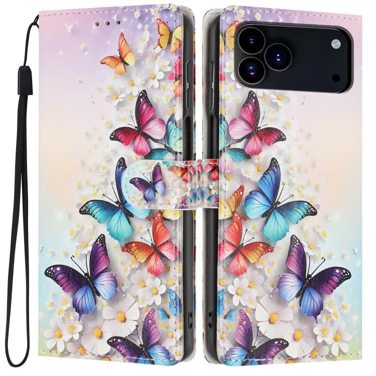 For iPhone 17 Pro Colorful Painting Vegan Leather Phone Case with Lanyard(Colorful Butterflies)