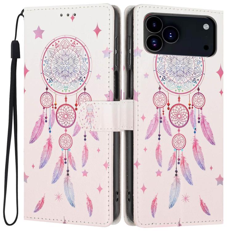 For iPhone 17 Pro Colorful Painting Vegan Leather Phone Case with Lanyard(Feather Wind Chimes)