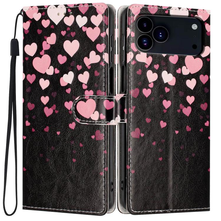 For iPhone 17 Pro Colorful Painting Vegan Leather Phone Case with Lanyard(Hearts)