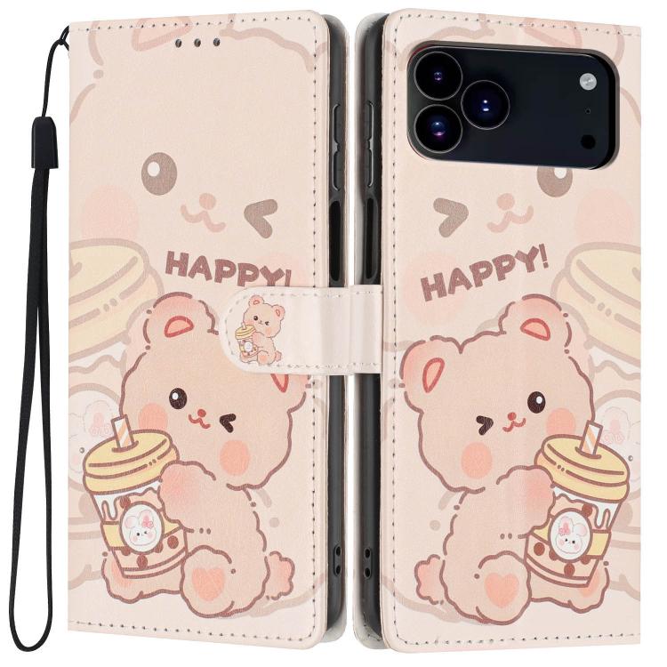 For iPhone 17 Pro Colorful Painting Vegan Leather Phone Case with Lanyard(Milk Tea Bear)
