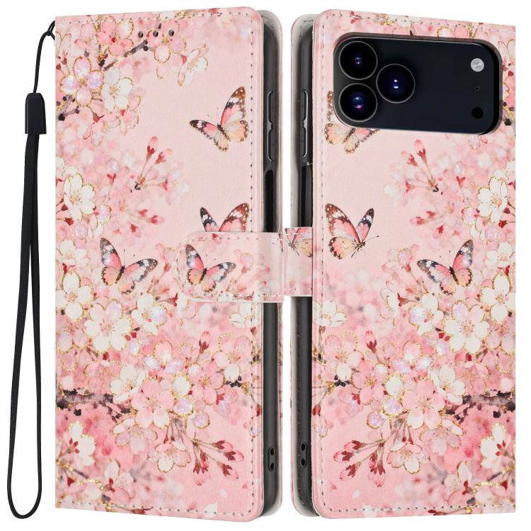 For iPhone 17 Pro Colorful Painting Vegan Leather Phone Case with Lanyard(Pink Flower Butterfly)