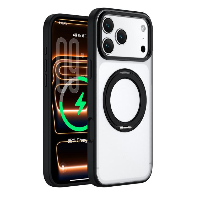 For iPhone 17 Pro Colorful Skin-Friendly Metal Lens Frame Magnetic Rotating Holder Phone Case(Black)