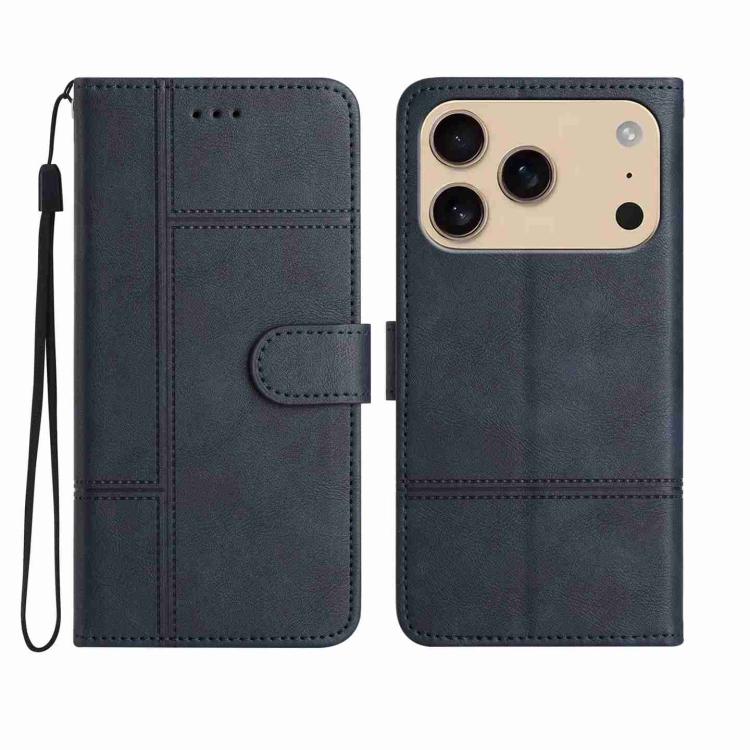 For iPhone 17 Pro Cowhide Texture Stitching Leather Phone Case(Dark Blue)