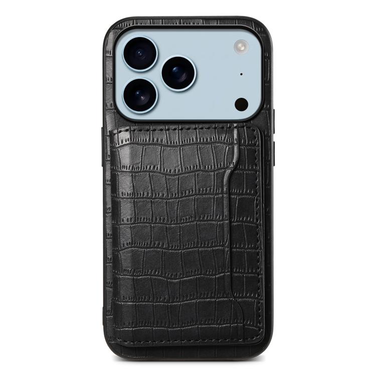 For iPhone 17 Pro Crocodile Texture Card Bag Design Full Coverage Phone Case(Black)